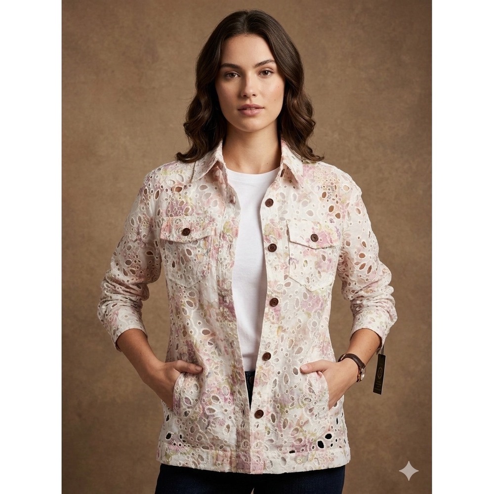 Kathy Ireland Womens Floral Eyelet Button Down Shirt Jacket White‎ Pink XS NEW